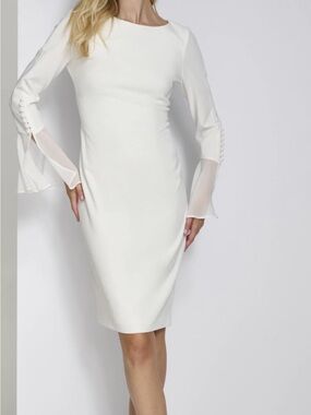 Andrew Marc Ivory Long-Sleeve Sheath Dress with Fluted Cuffs